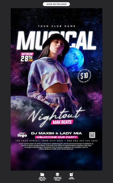 Flyer für Musikclub-Nachtpartys und Vorlage für Social-Media-Geschichten