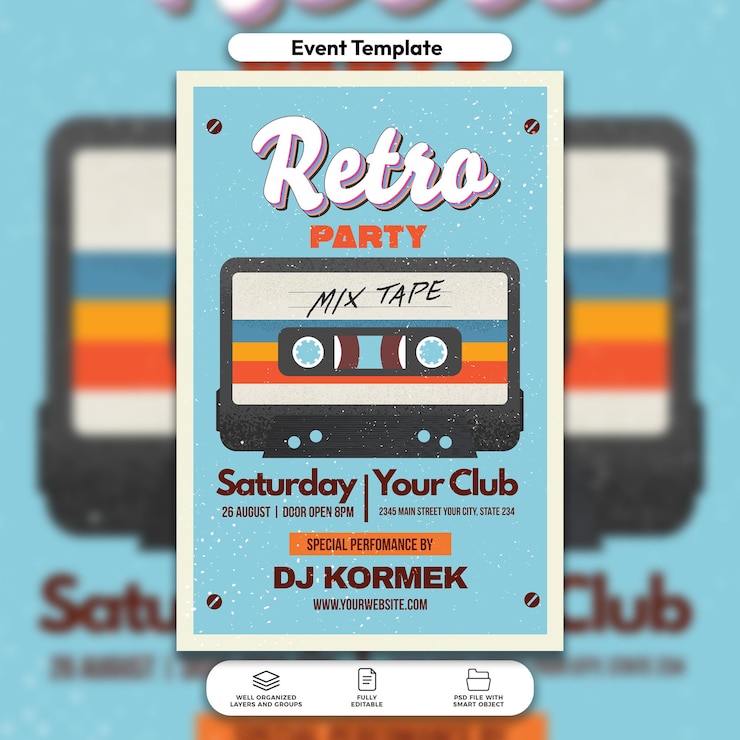 PSD flyer de invitación de fiesta retro de psd y plantilla de publicación en las redes sociales