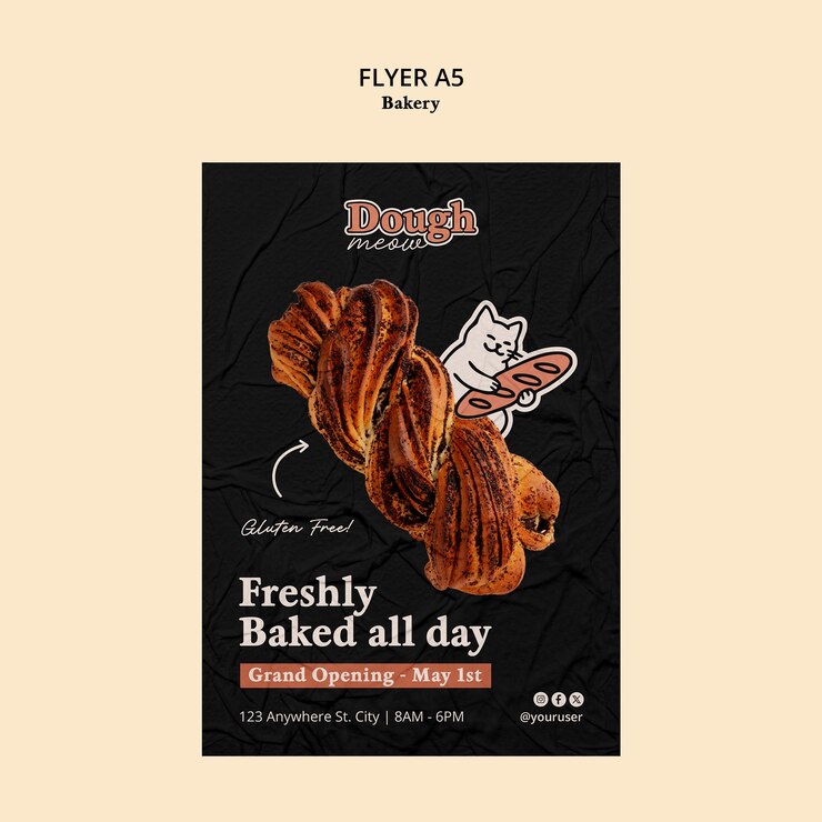 Flyer de la panadería Dough Meow con una ilustración de gato
