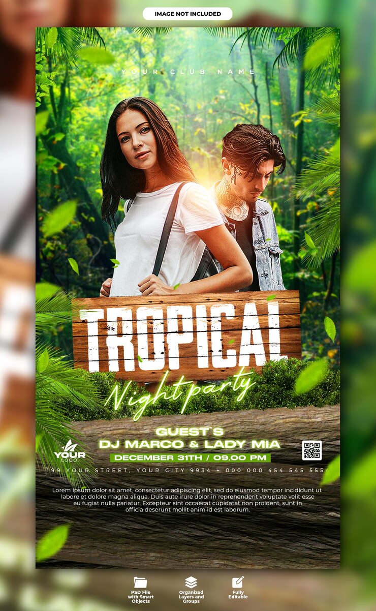 PSD flyer de soirée club tropical et modèle d'histoire de médias sociaux