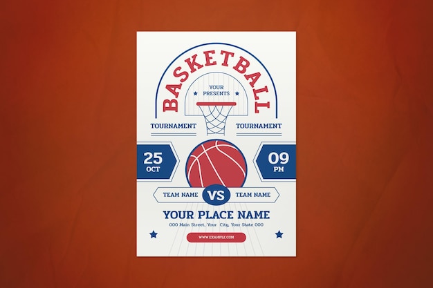 PSD flyer de tournoi de basket-ball design plat blanc