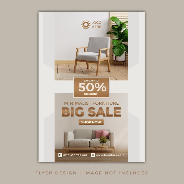 PSD flyer vente de meubles minimaliste ou affiche flyer de vente d'intérieur a4 marron