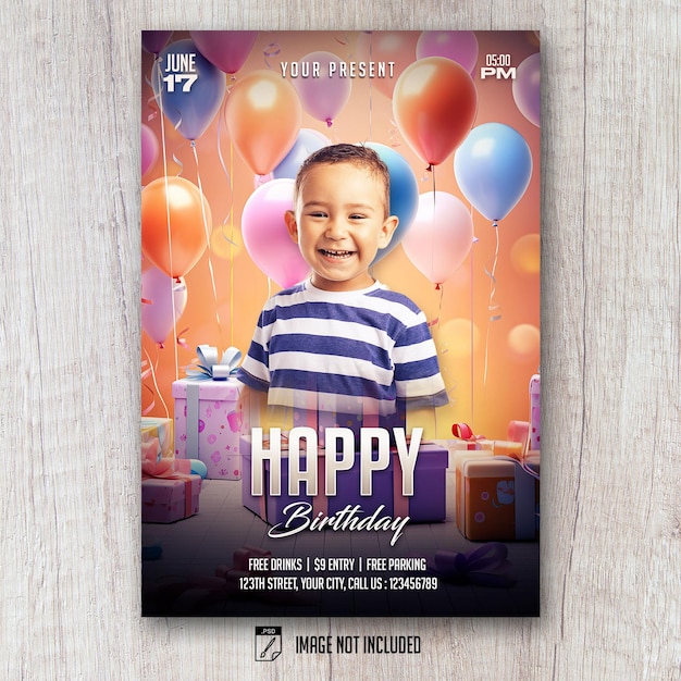 Flyer-Vorlage für Kindergeburtstag, 3D-Landschaft mit Ballon