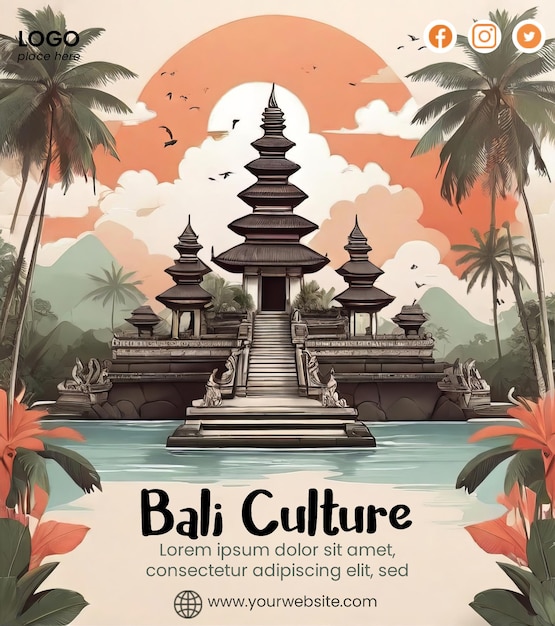 PSD flyer-vorlage mit traditioneller bali-illustration