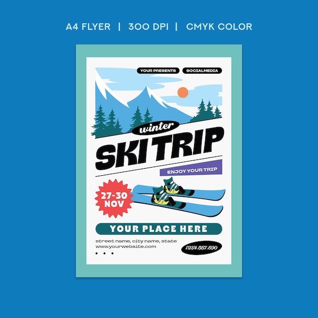 PSD flyer de voyage de ski d'hiver