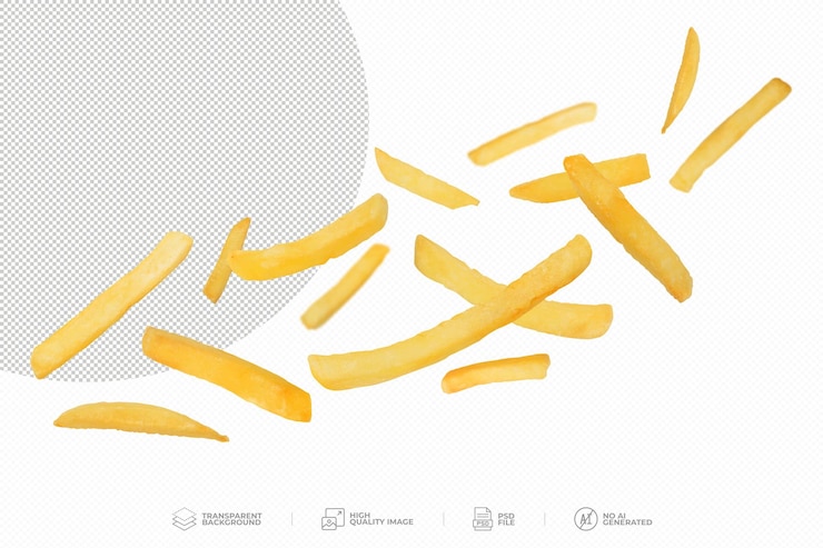 PSD flying potato fries on transparent background psd