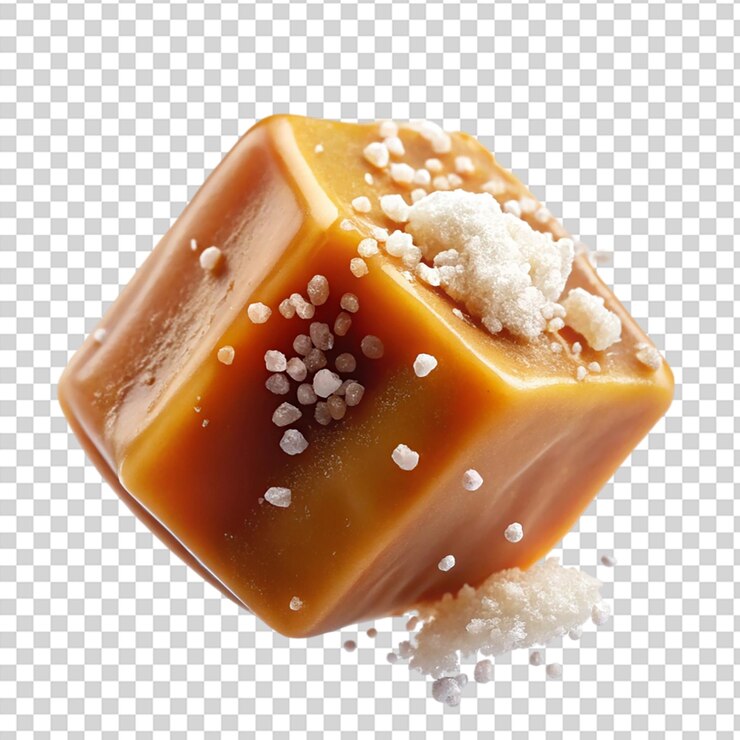 Flying salty caramel candy topped with salt crystal isolated on transparent background