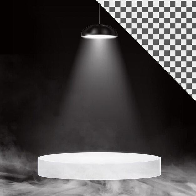 Focalizador en un podio blanco con efectos de humo y iluminación