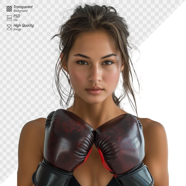 PSD focused female boxer with red boxing gloves ready to fight