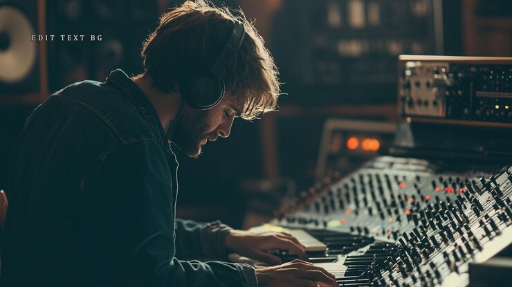 PSD focused male music producer working on mixing console in recording studio