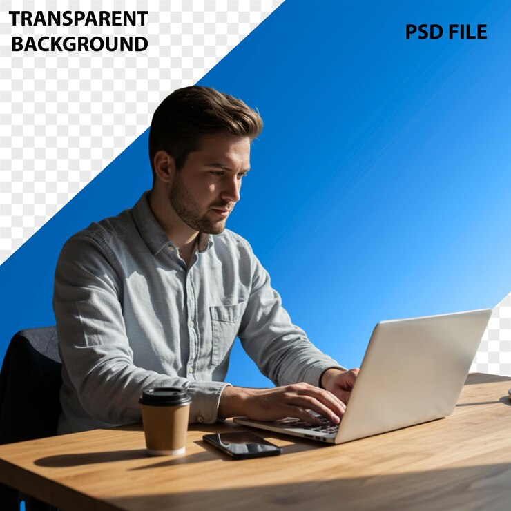 PSD focused professional working on laptop at modern desk