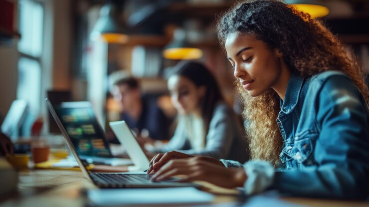 Focused young woman using laptop in a busy coworking space