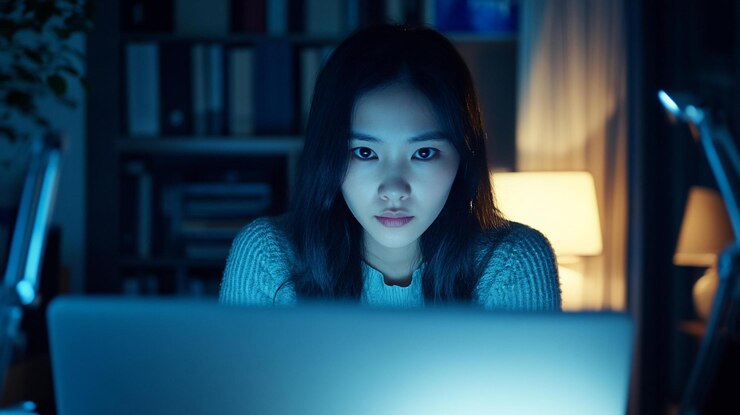 PSD focused young woman working late at night on laptop in a home office