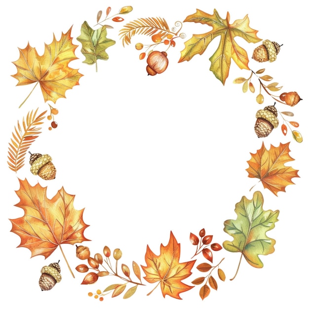 Foglie d'autunno e ghirlanda di ghiande isolate su sfondo bianco Quadro rotondo AIG56