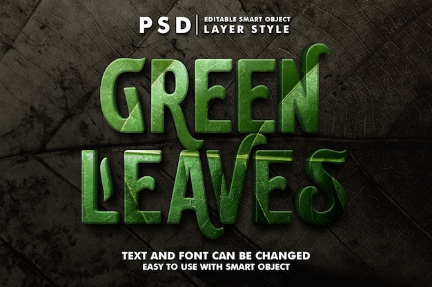Foglie verdi 3d effetto testo realistico psd premium con oggetto intelligente