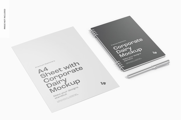 Foglio A4 con Corporate Dairy Mockup, Prospettiva
