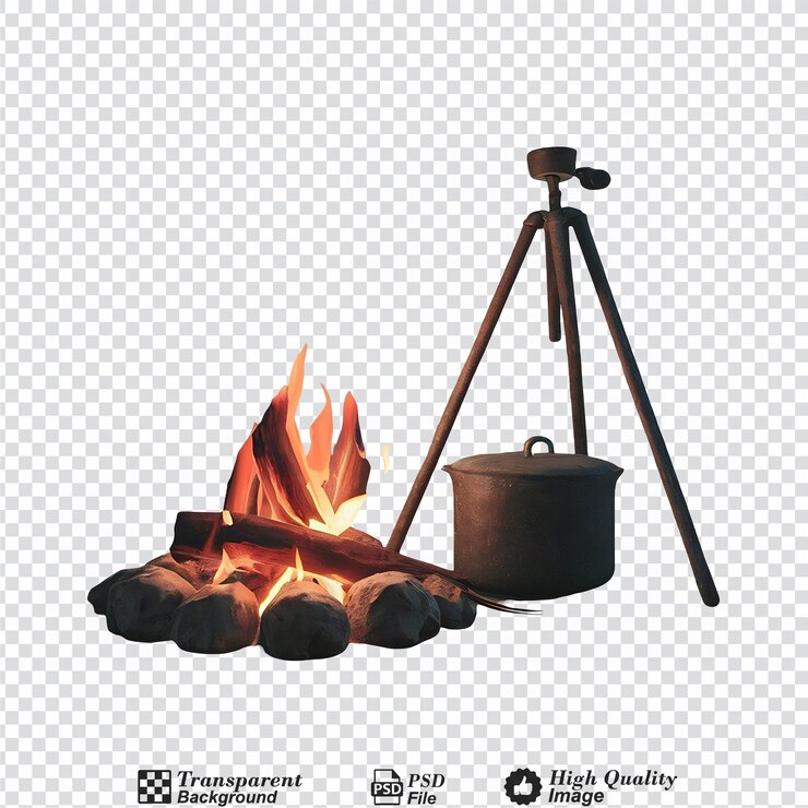 PSD fogo de acampamento com trípode e panela de cozinha isolados em fundo transparente