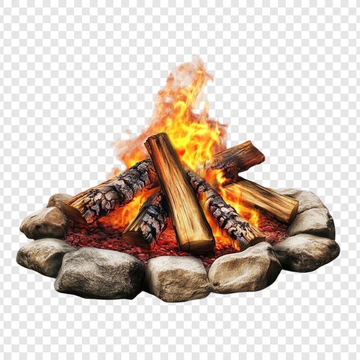PSD fogo de acampamento queimando luminosamente troncos e pedras calor ao ar livre