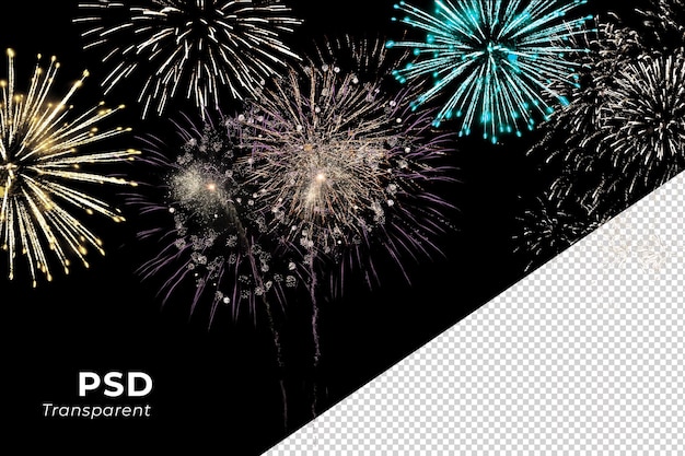 Fogos de artifício cintilantes explodindo em várias formas para celebrar e festa de aniversário de anos novos