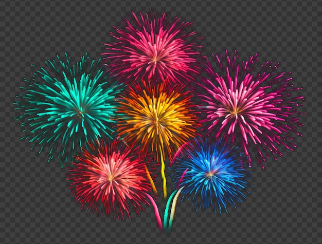 Fogos de artifício coloridos com trilha isolada em fundo transparente