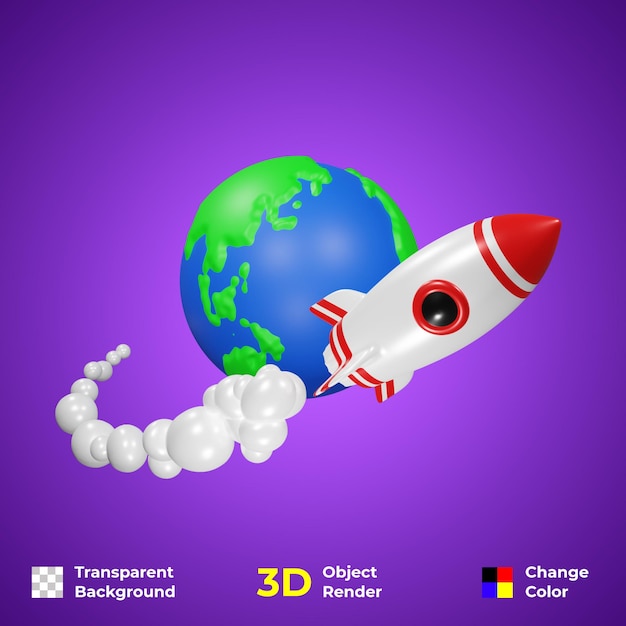 PSD foguete espacial premium e ilustração de design 3d globo psd