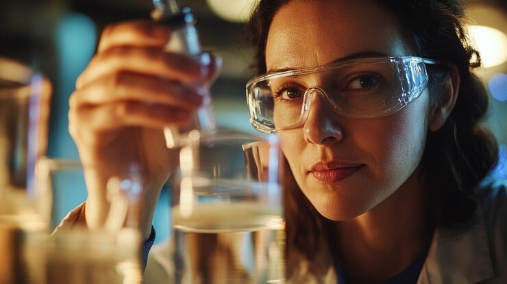 PSD fokussierte weibliche wissenschaftlerin mit pipette im labor