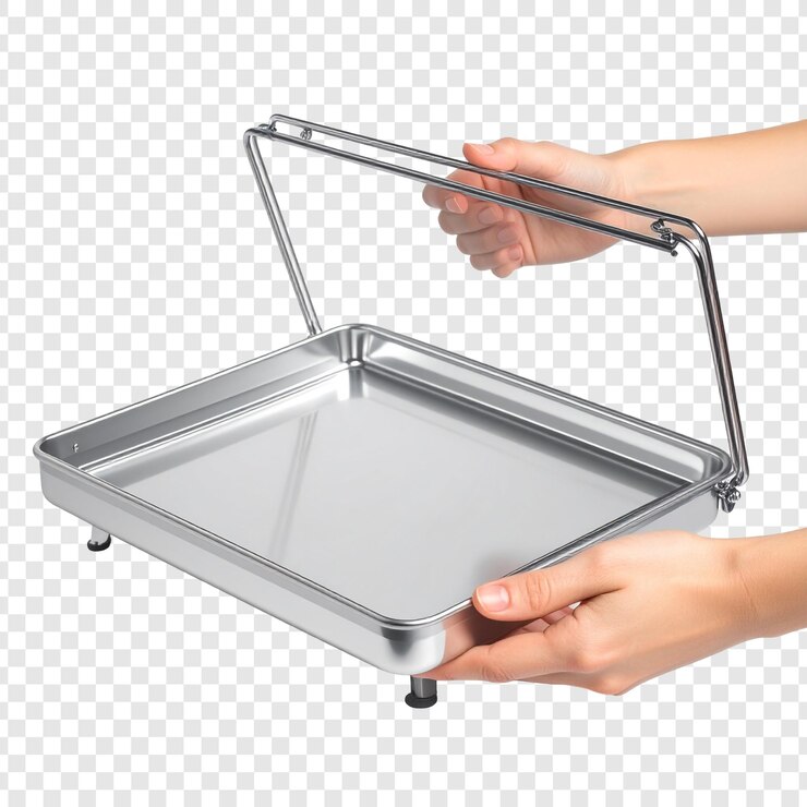 PSD folding metal tray held by hands isolated on transparent background