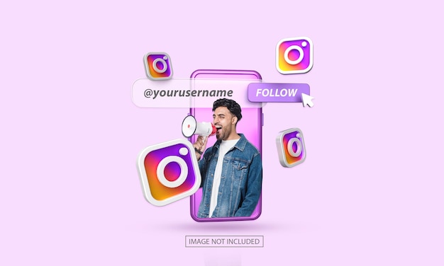 Folgen sie uns auf instagram-social-media-banner-vorlage mit 3d-symbol