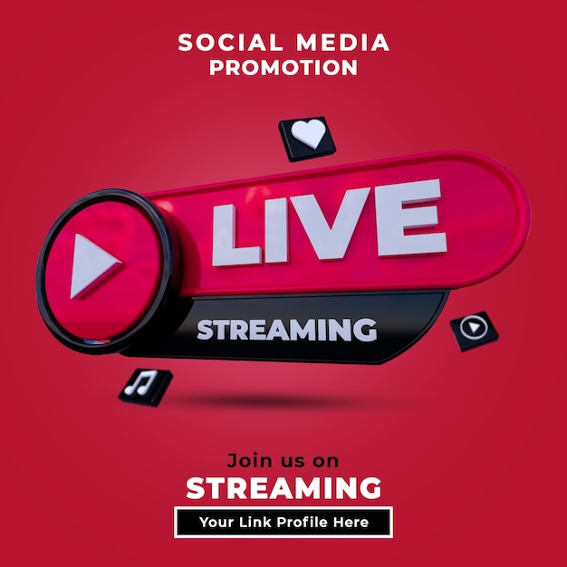 PSD folgen sie uns auf live-streaming-social-media-post mit 3d-logo und ihrem link