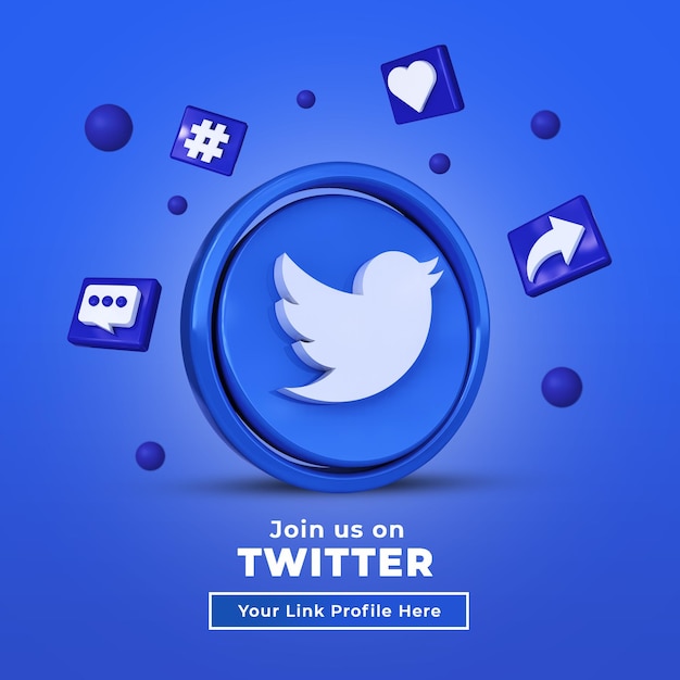 PSD folgen sie uns auf twitter social media square banner mit 3d-logo und link-profilbox