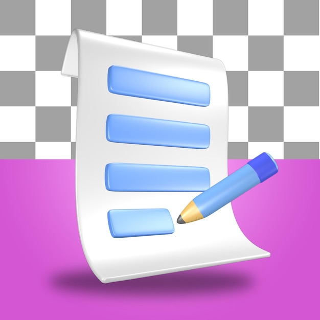 Folha de ícone de objeto de renderização 3d de papel de fatura com um lápis de caneta azul e branco