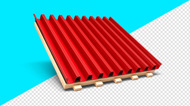 PSD folha de metal vermelha ondulada ilustração 3d de estrutura de construção de madeira