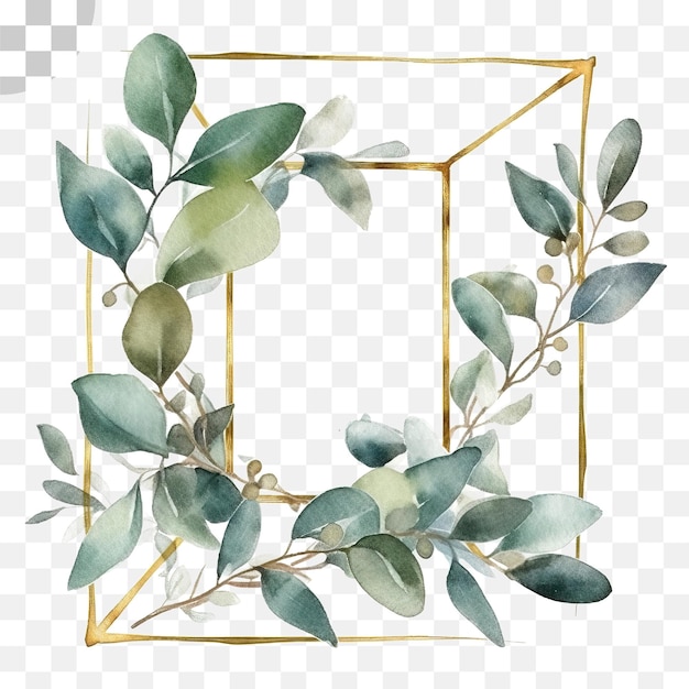 Folhas de aquarela e moldura quadrada dourada em fundo transparente