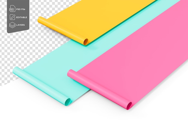 Folhas de papel coloridas meio enroladas em rolos isolados em fundo branco Ilustração 3D