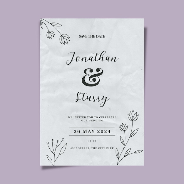 PSD folhas desenhadas à mão estilo minimalista de cartaz de convite de casamento