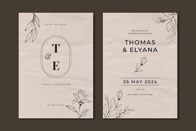 Folhas orgânicas florais desenhadas à mão de modelo de convite de casamento rústico em fundo de textura de papel