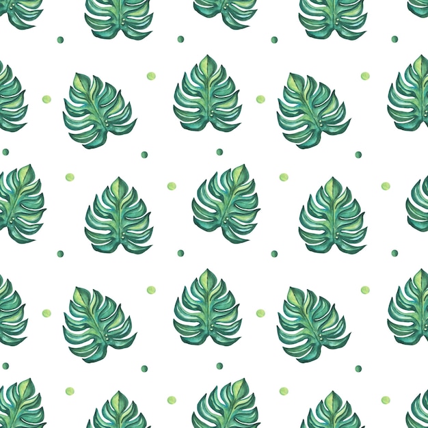 Folhas verdes tropicais de monstera com padrão de aquarela sem costura