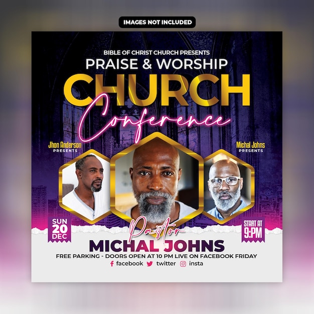 Folheto da conferência da igreja, postagem nas mídias sociais e banner da web no instagram