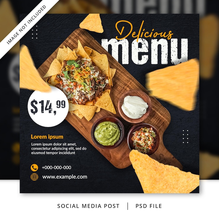 PSD folheto de culinária preta ou banner de mídia social para restaurantpost