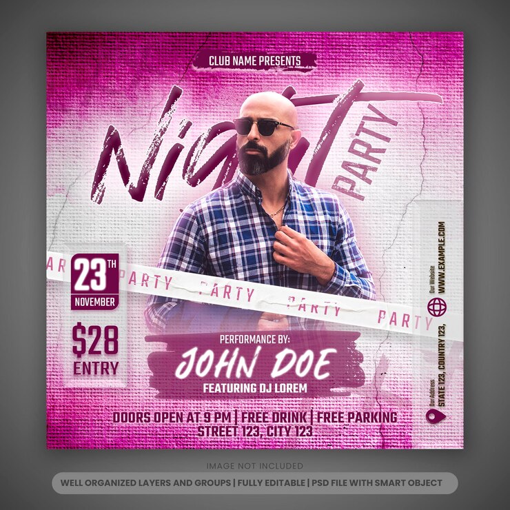 Folheto de festa dj para modelo de postagem de mídia social com fundo rosa brilhante