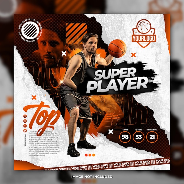 PSD folheto de jogador profissional de basquete modelo de postagem de mídia social fundo laranja