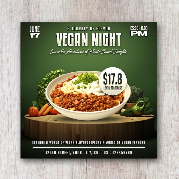 Folheto de menu de comida noturna vegana e banner de mídia social de restaurante