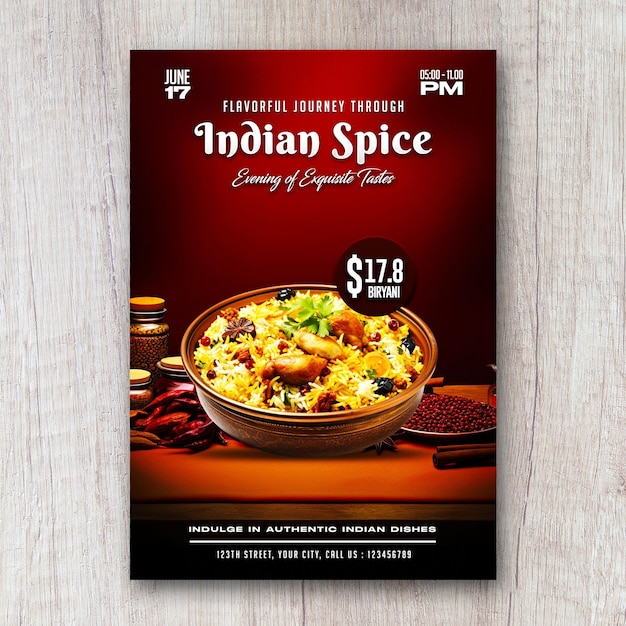 Folheto de promoção de menu de comida noturna de especiarias indianas e banner de mídia social