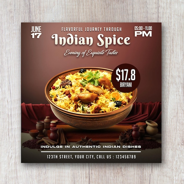 Folheto de promoção de menu de comida noturna de especiarias indianas e banner de mídia social