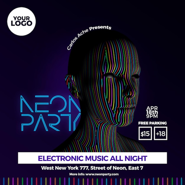 Folheto Neon Party Template Música Eletrônica