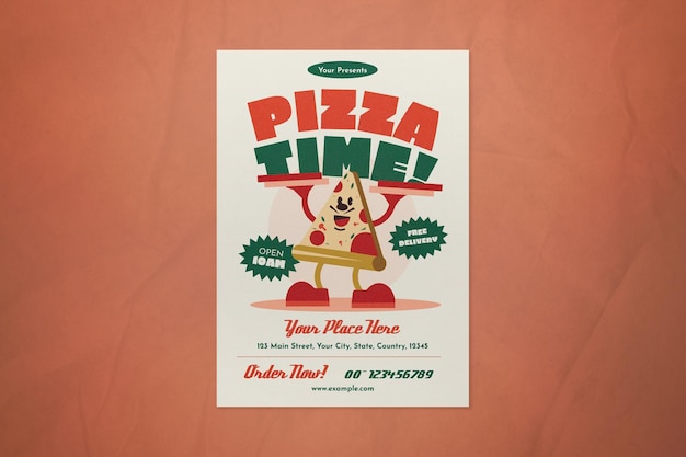 Folheto promocional de restaurante de pizza bege