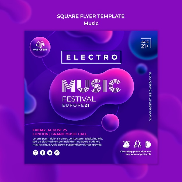 PSD folheto quadrado para festival de música eletro com formas de efeito líquido neon