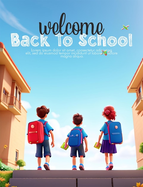 Folheto vertical PSD de volta à escola com fundo de estudantes felizes