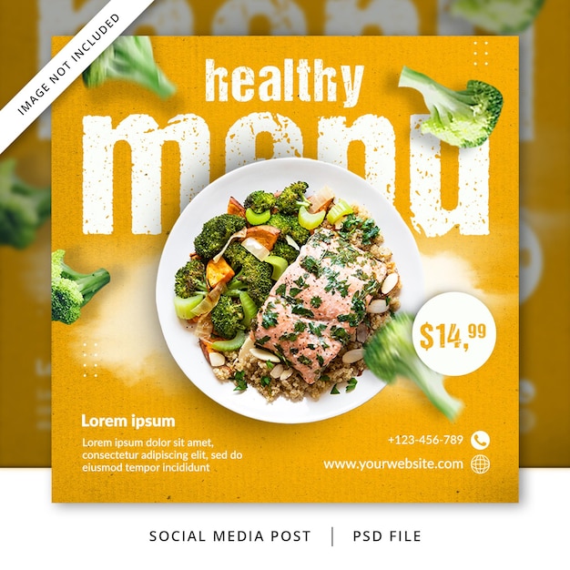 Folheto yellow healthy menu ou banner de mídia social para conteúdo culinário
