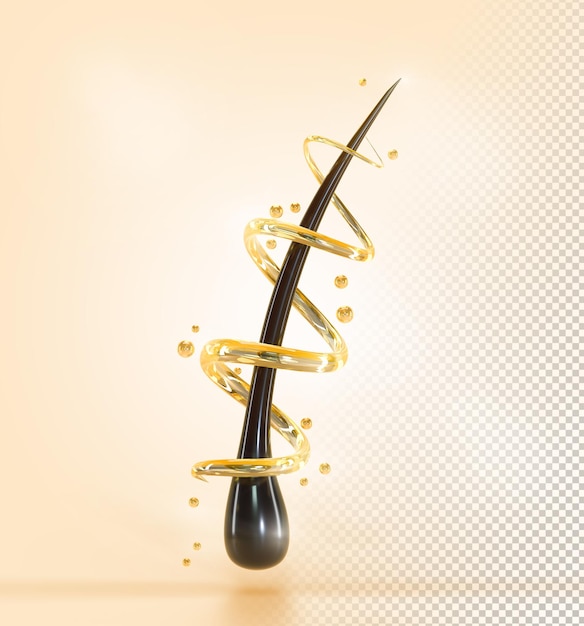 Folículo de reparo e tratamento de renderização 3d para cuidados com os cabelos com soro de bolhas de óleo dourado em espiral de queratina líquida em fundo bege Produto cosmético ou modelo de banner de publicidade de xampu